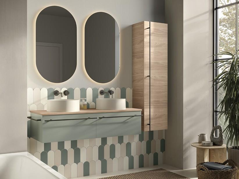 Badezimmermöbel LUMI L120 cm mit 2 Schubladen, mattes Nussbaum-/Grün-Finish mit Holzoptik-Aufsatz in Nussbaumporenoptik | IperCeramica Badezimmermöbel LUMI L120 cm mit 2 Schubladen, mattes Nussbaum-/Grün-Finish mit Holzoptik-Aufsatz in Nussbaumporenoptik | IperCeramica