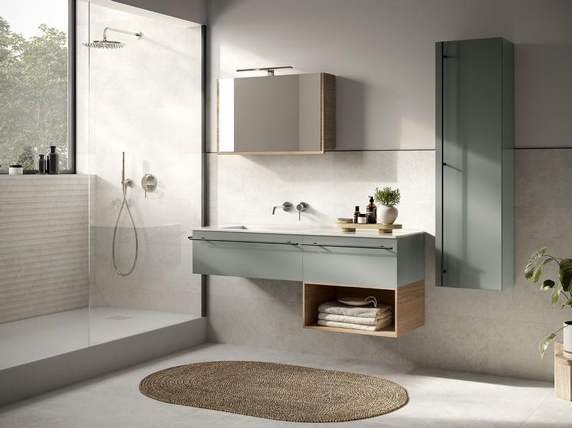 Badezimmermöbel LUMI Br. 140 cm mit 2 Schubladen Nussbaum/mattgrün Waschbecken Unitop HIDE links aus glänzendem weißem Harz | IperCeramica Badezimmermöbel LUMI Br. 140 cm mit 2 Schubladen Nussbaum/mattgrün Waschbecken Unitop HIDE links aus glänzendem weißem Harz | IperCeramica