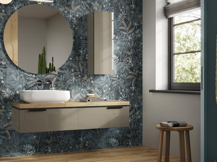 Badmöbel TOUCH 140 cm 2 Schubladen Graubeige Glänzend und Platte aus Eiche mit Knorren | IperCeramica Badmöbel TOUCH 140 cm 2 Schubladen Graubeige Glänzend und Platte aus Eiche mit Knorren | IperCeramica