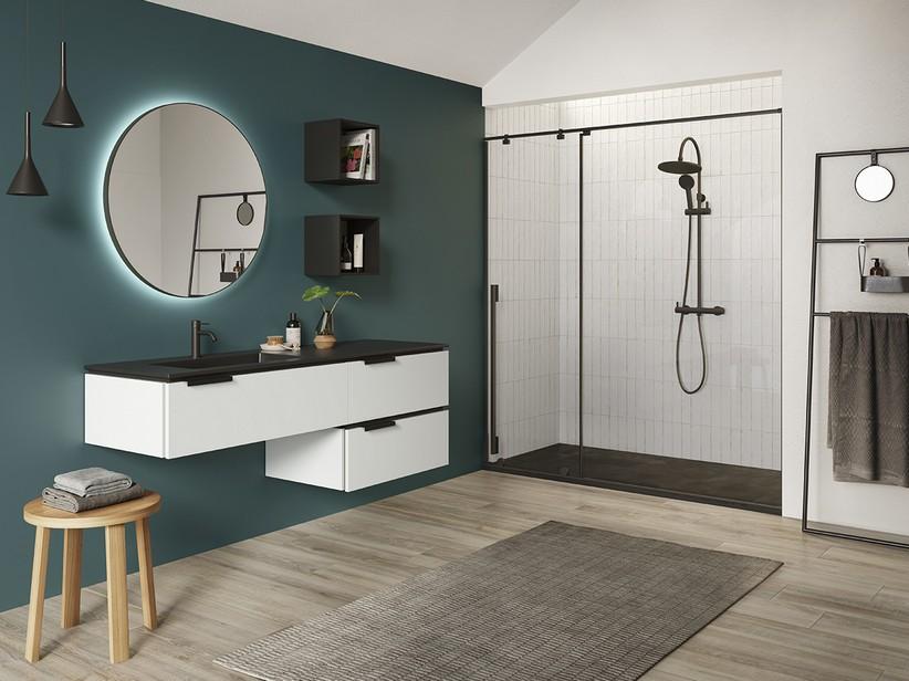 Badmöbel TOUCH 160 cm mit 3 Schubladen Weiß Matt und Unitop-Waschbecken HIDE links aus Gussmarmor mit Steinoptik Schwarz | IperCeramica Badmöbel TOUCH 160 cm mit 3 Schubladen Weiß Matt und Unitop-Waschbecken HIDE links aus Gussmarmor mit Steinoptik Schwarz | IperCeramica