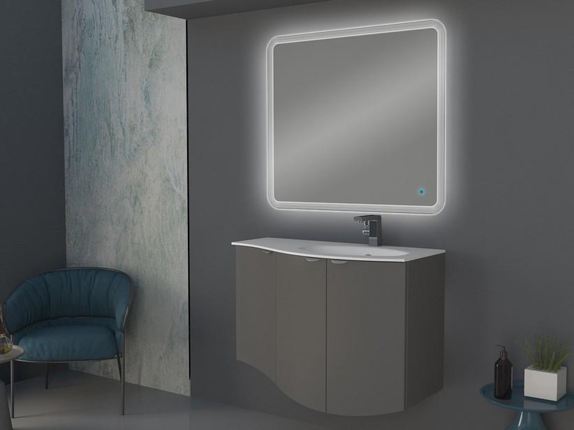 Geschwungenes Badmöbel Wave 104 cm Wolkengrau matt und Waschbecken aus Glas Becken rechts Weiß glänzend | IperCeramica Geschwungenes Badmöbel Wave 104 cm Wolkengrau matt und Waschbecken aus Glas Becken rechts Weiß glänzend | IperCeramica