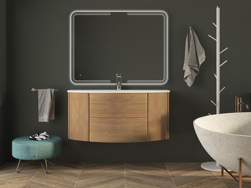 Gewölbtes Badmöbel Modo 121 cm Eiche Tabak und Waschbecken Weiß Glänzend | IperCeramica Gewölbtes Badmöbel Modo 121 cm Eiche Tabak und Waschbecken Weiß Glänzend | IperCeramica