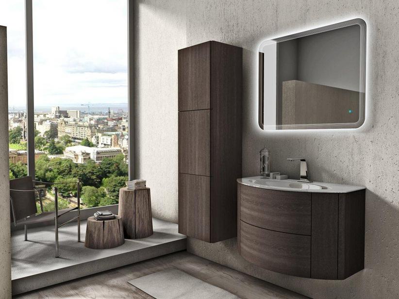 Gewölbtes Badmöbel Modo 92 cm Dunkle Eiche Soft und Waschbecken Weiß Glänzend | IperCeramica Gewölbtes Badmöbel Modo 92 cm Dunkle Eiche Soft und Waschbecken Weiß Glänzend | IperCeramica