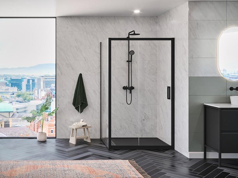 Eckduschkabine Renu 120x80 H195 Erw 114/120 - 77/80 Schiebetür und fester Teil aus transpem Kristallglas 6mm/8mm Schwarz Matt | IperCeramica Eckduschkabine Renu 120x80 H195 Erw 114/120 - 77/80 Schiebetür und fester Teil aus transpem Kristallglas 6mm/8mm Schwarz Matt | IperCeramica