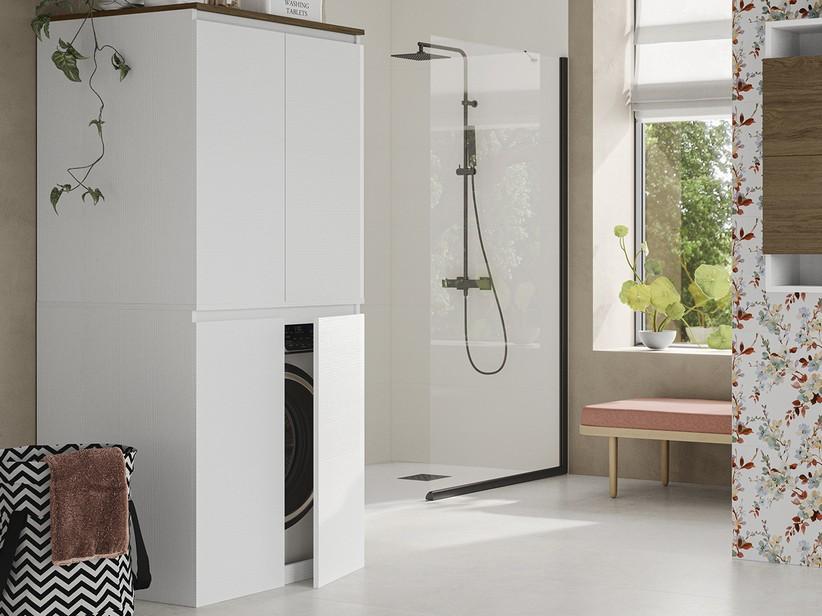 Badmöbel QUBO Waschküchenhochschrank (für Waschmaschine und Trockner), 4-türig, Weiß Matrix mit Platte Sherwood | IperCeramica Badmöbel QUBO Waschküchenhochschrank (für Waschmaschine und Trockner), 4-türig, Weiß Matrix mit Platte Sherwood | IperCeramica