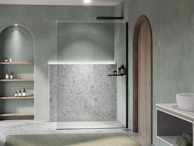 Walk-In Dusche Plano 100 cm H200 Erw 96,5/98,5 Kristallglas 8 mm Transparent mit Ablage rechts und Profile Schwarz matt | IperCeramica Walk-In Dusche Plano 100 cm H200 Erw 96,5/98,5 Kristallglas 8 mm Transparent mit Ablage rechts und Profile Schwarz matt | IperCeramica