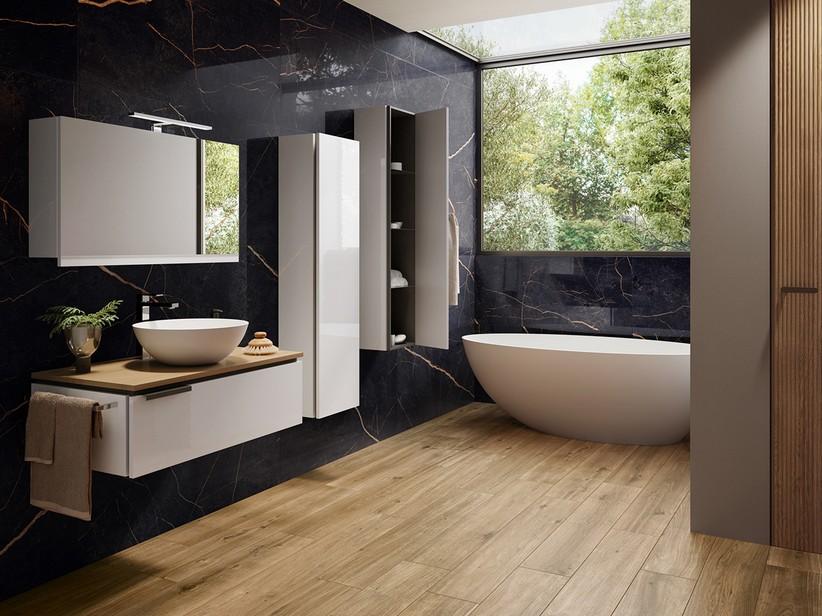 Badmöbel TOUCH 90 cm 1 Schublade Weiß glänzend und Eichenplatte 1,8 cm mit Knorren | IperCeramica Badmöbel TOUCH 90 cm 1 Schublade Weiß glänzend und Eichenplatte 1,8 cm mit Knorren | IperCeramica