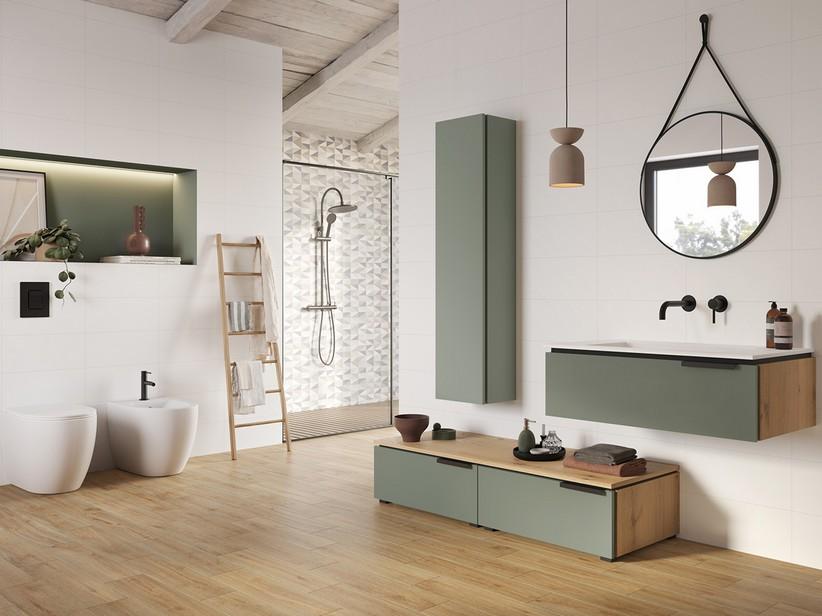 Badmöbel TOUCH 90 cm 1 Schublade Salbeigrün matt Seiteteile Eiche mit Knorren und Unitop-Waschbecken HIDE Harz Weiß matt | IperCeramica Badmöbel TOUCH 90 cm 1 Schublade Salbeigrün matt Seiteteile Eiche mit Knorren und Unitop-Waschbecken HIDE Harz Weiß matt | IperCeramica