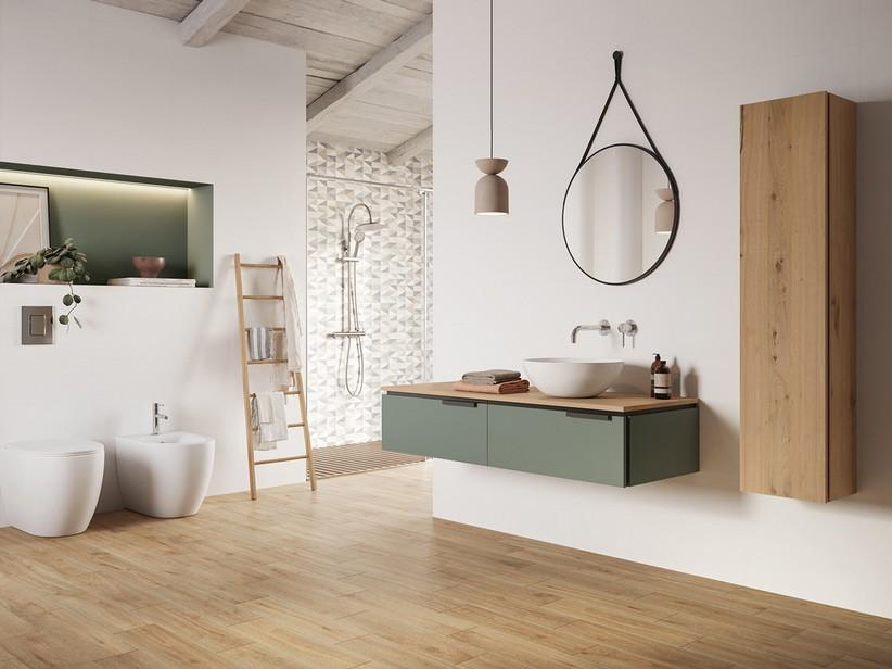 Badmöbel TOUCH 140 cm 2 Schubladen Salbeigrün matt und Platte 1,8 cm aus Eiche mit Knorren | IperCeramica Badmöbel TOUCH 140 cm 2 Schubladen Salbeigrün matt und Platte 1,8 cm aus Eiche mit Knorren | IperCeramica