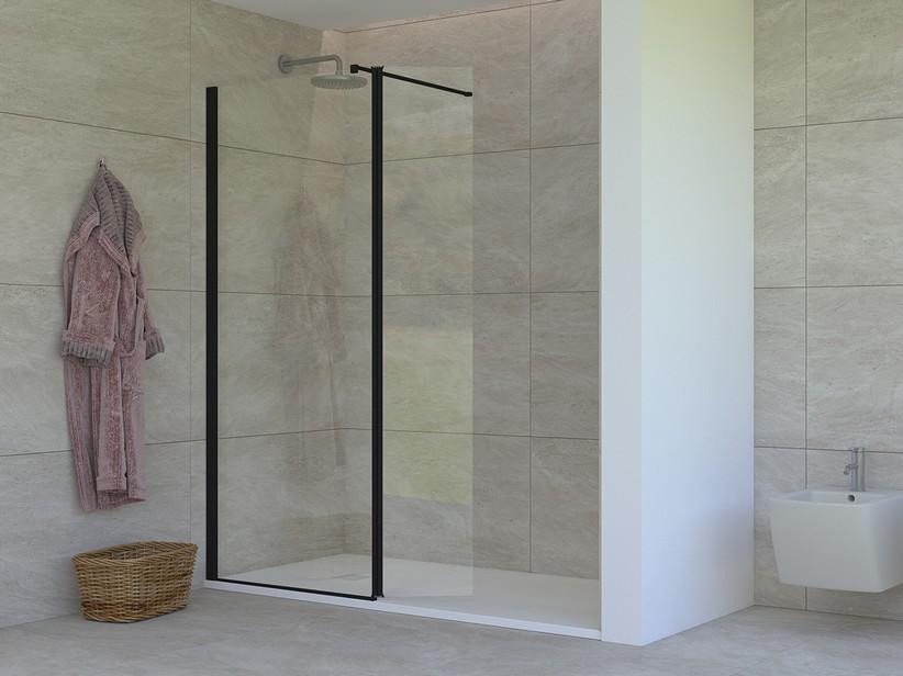 Walk-In Dusche Mirò 6 mm Klarglas mit Tür Links 90 cm H200 Erw 88,5/90 mit Mattschwarzen Dichtungsprofilen | IperCeramica Walk-In Dusche Mirò 6 mm Klarglas mit Tür Links 90 cm H200 Erw 88,5/90 mit Mattschwarzen Dichtungsprofilen | IperCeramica