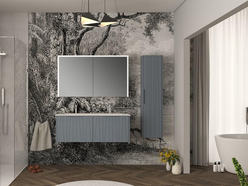 Badmöbel UNIKA 120 cm Hellblau matt und Doppel-Waschbecken Unitop aus Keramik ANDY Weiß glänzend | IperCeramica Badmöbel UNIKA 120 cm Hellblau matt und Doppel-Waschbecken Unitop aus Keramik ANDY Weiß glänzend | IperCeramica