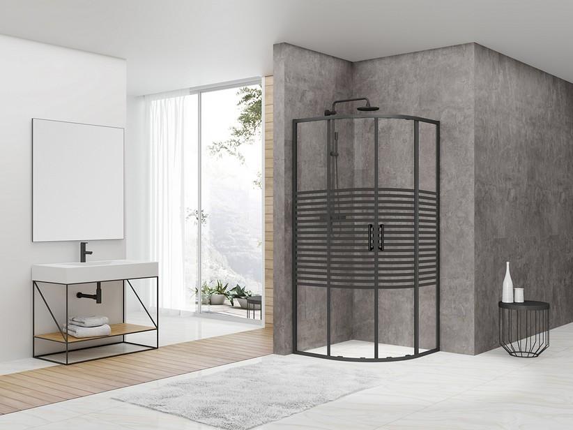 Halbrunde Eckduschkabine Arek 80x80 H190 Erw 78/79,5 Schiebetüren Transparentes Kristallglas 6 mm mit Siebdruck Schwarz matt | IperCeramica Halbrunde Eckduschkabine Arek 80x80 H190 Erw 78/79,5 Schiebetüren Transparentes Kristallglas 6 mm mit Siebdruck Schwarz matt | IperCeramica