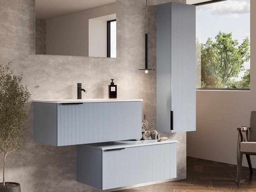 Badezimmermöbel AVIVO 90 cm 1 Schublade gerippte Mattblau mit Waschbecken aus glänzender weißer Keramik | IperCeramica Badezimmermöbel AVIVO 90 cm 1 Schublade gerippte Mattblau mit Waschbecken aus glänzender weißer Keramik | IperCeramica