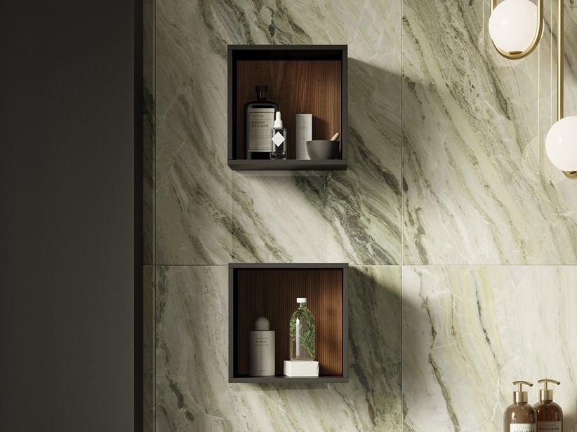 Bad Würfelschrank BLUES 28x28 T25 cm Schwarz Portland mit Rückseite Cannucciato Walnuss | IperCeramica Bad Würfelschrank BLUES 28x28 T25 cm Schwarz Portland mit Rückseite Cannucciato Walnuss | IperCeramica