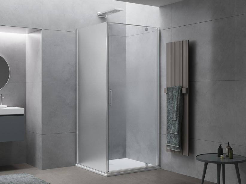 Eck-Duschkabine Dado 80x80 H200 Erw 78/80 Schwingtür rechts aus satiniertem Kristallglas, Profile Chrom | IperCeramica Eck-Duschkabine Dado 80x80 H200 Erw 78/80 Schwingtür rechts aus satiniertem Kristallglas, Profile Chrom | IperCeramica