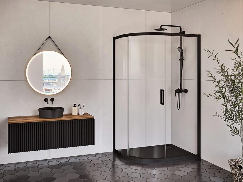 Halbrunde Duschkabine Renu 100x80 H195 Erw 97/100 - 77/80 Schiebetür transparentes Kristallglas 6mm/8mm Schwarz Matt | IperCeramica Halbrunde Duschkabine Renu 100x80 H195 Erw 97/100 - 77/80 Schiebetür transparentes Kristallglas 6mm/8mm Schwarz Matt | IperCeramica