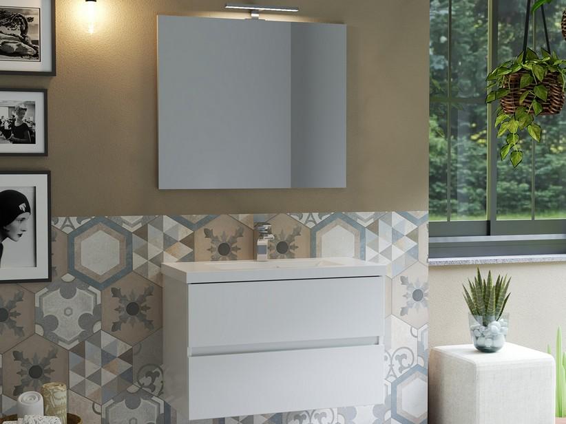 Platzsparendes Badmöbel COMPACT-39 L80 cm 2 Schubladen Weiß Glänzend und Unitop-Waschbecken aus glänzender weißer Keramik | IperCeramica Platzsparendes Badmöbel COMPACT-39 L80 cm 2 Schubladen Weiß Glänzend und Unitop-Waschbecken aus glänzender weißer Keramik | IperCeramica