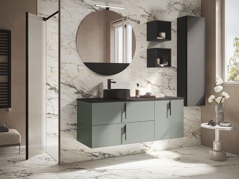 Badezimmermöbel DESK 140 cm Mattgrün – Griffe Schwarz Op. und Platte Phoenix Schwarz Op. | IperCeramica Badezimmermöbel DESK 140 cm Mattgrün – Griffe Schwarz Op. und Platte Phoenix Schwarz Op. | IperCeramica
