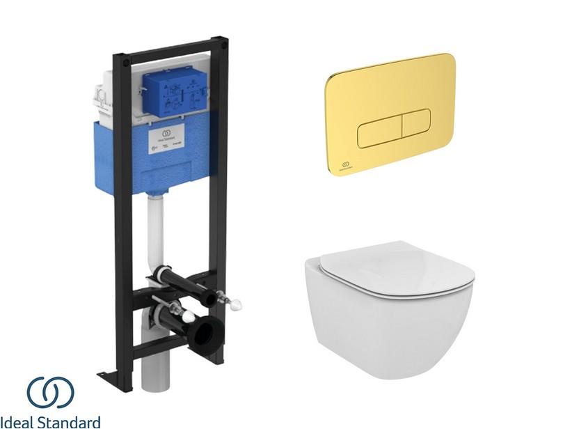 Set TESI 2016 mit hängendem WC + Sitz + PROSYS-Einbauspülkasten und OLEAS-Betätigungstaste Gold Satin - Ideal Standard® | IperCeramica Set TESI 2016 mit hängendem WC + Sitz + PROSYS-Einbauspülkasten und OLEAS-Betätigungstaste Gold Satin - Ideal Standard® | IperCeramica