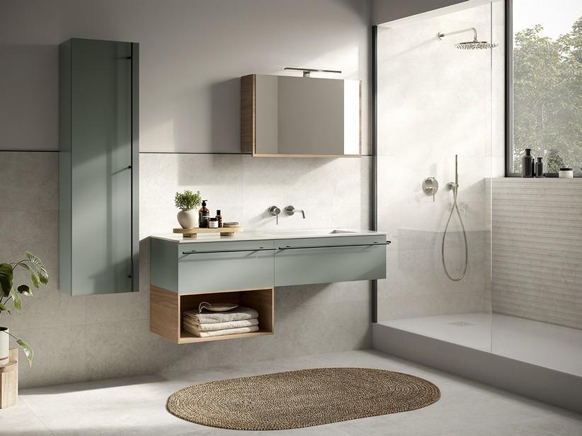 Badezimmermöbel LUMI L140 cm mit 2 Schubladen Nussbaum/mattgrün Waschbecken Unitop HIDE rechts aus mattweißem Kunstharz | IperCeramica Badezimmermöbel LUMI L140 cm mit 2 Schubladen Nussbaum/mattgrün Waschbecken Unitop HIDE rechts aus mattweißem Kunstharz | IperCeramica