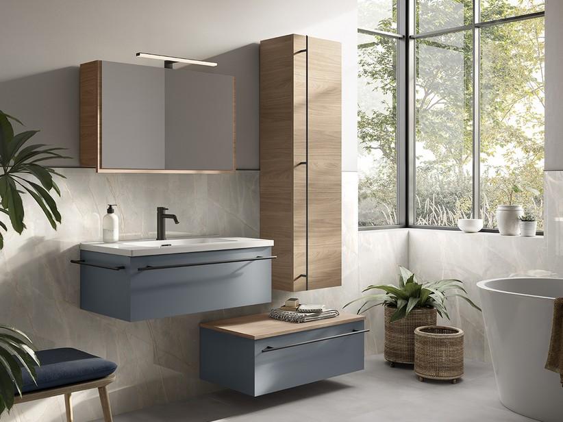 Badezimmermöbel LUMI L80 cm mit 1 Schublade, mattblau, mit Waschbecken Unitop HIDE aus glänzend weißem Harz | IperCeramica Badezimmermöbel LUMI L80 cm mit 1 Schublade, mattblau, mit Waschbecken Unitop HIDE aus glänzend weißem Harz | IperCeramica