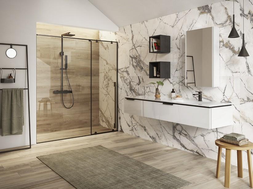 Badmöbel TOUCH 180 cm 2 Schubladen mit Unitop-Waschbecken HIDE rechts aus Gussmarmor Weiß glänzend | IperCeramica Badmöbel TOUCH 180 cm 2 Schubladen mit Unitop-Waschbecken HIDE rechts aus Gussmarmor Weiß glänzend | IperCeramica