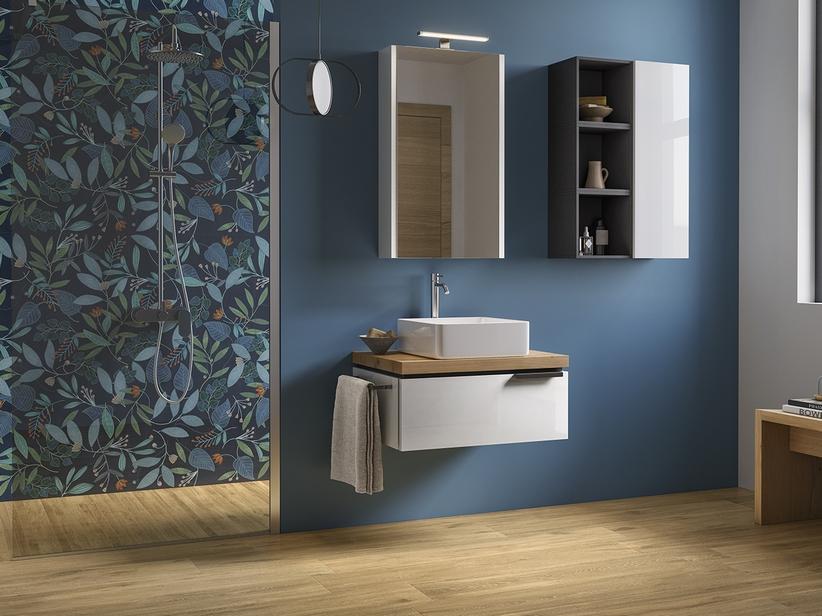 Badmöbel TOUCH 70 cm 1 Schublade Weiß glänzend und Eichenplatte mit Knorren | IperCeramica Badmöbel TOUCH 70 cm 1 Schublade Weiß glänzend und Eichenplatte mit Knorren | IperCeramica