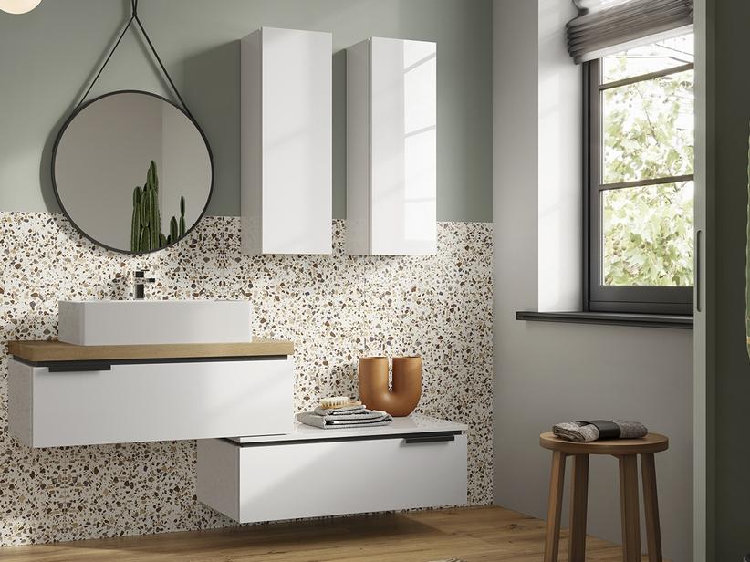 Badmöbel TOUCH 90 cm 1 Schublade Weiß glänzend und Eichenplatte 4,5 cm mit Knorren | IperCeramica Badmöbel TOUCH 90 cm 1 Schublade Weiß glänzend und Eichenplatte 4,5 cm mit Knorren | IperCeramica