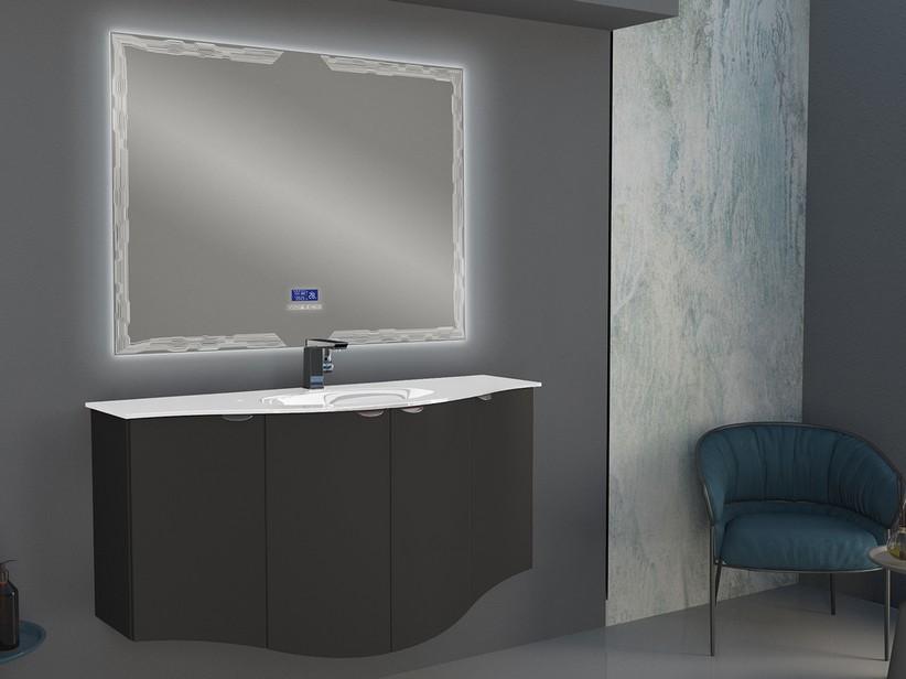 Geschwungenes Badmöbel Wave 138 cm Graphit matt und Waschbecken aus Glas Becken in der Mitte Weiß glänzend | IperCeramica Geschwungenes Badmöbel Wave 138 cm Graphit matt und Waschbecken aus Glas Becken in der Mitte Weiß glänzend | IperCeramica