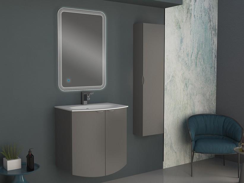 Geschwungenes Badmöbel Wave 70 cm Wolkengrau matt und Waschbecken aus Glas Weiß glänzend | IperCeramica Geschwungenes Badmöbel Wave 70 cm Wolkengrau matt und Waschbecken aus Glas Weiß glänzend | IperCeramica