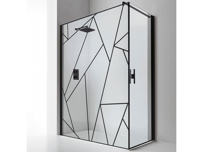 Eckduschkabine Plano 90x100 H200 Erw 87/89 - 96/98 Drehtür Öffnung rechts + fester Teil Kristallglas 8 mm Siebdruck, Schwarz | IperCeramica Eckduschkabine Plano 90x100 H200 Erw 87/89 - 96/98 Drehtür Öffnung rechts + fester Teil Kristallglas 8 mm Siebdruck, Schwarz | IperCeramica