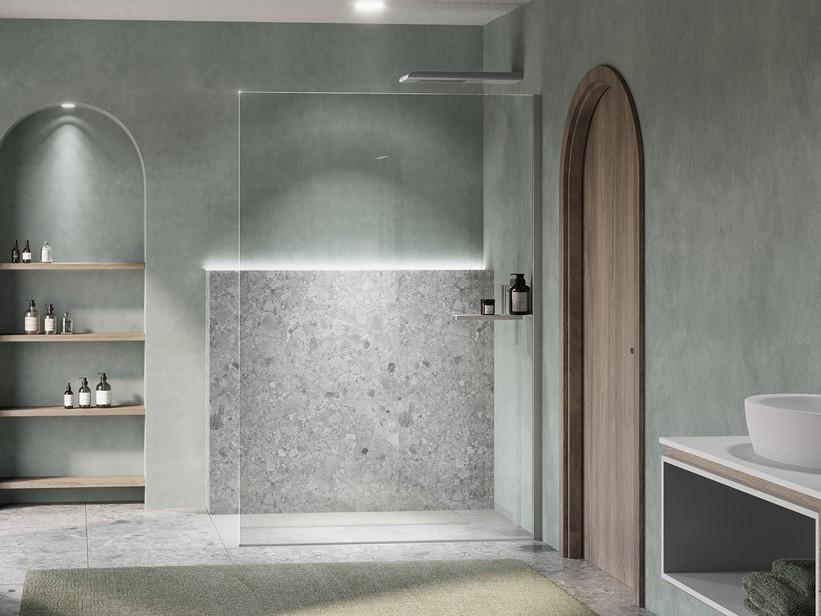 Walk-In Dusche Plano 100 cm H200 Erw 96,5/98,5 Kristallglas 8mm Transp. Ablage rechts + Profile Optik von gebürstetem Edelstahl | IperCeramica Walk-In Dusche Plano 100 cm H200 Erw 96,5/98,5 Kristallglas 8mm Transp. Ablage rechts + Profile Optik von gebürstetem Edelstahl | IperCeramica