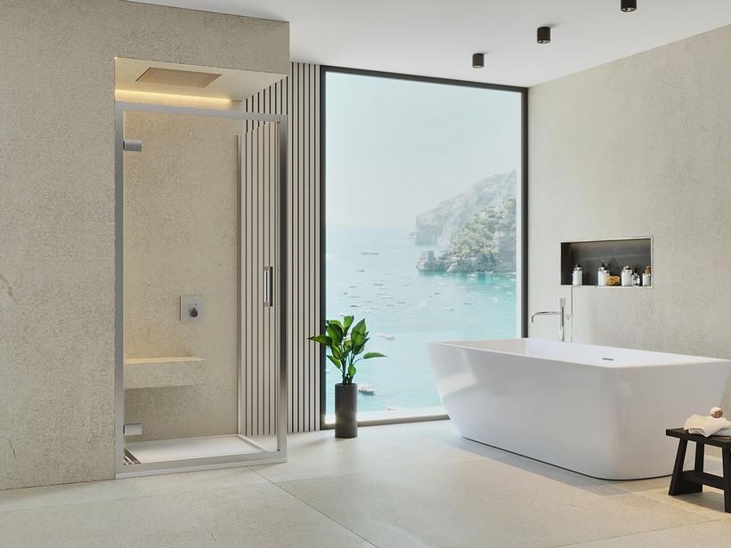 Eckduschkabine Renu 80x100 H195 Erw 74/80 - 97/100 Drehtür und fester Teil aus transparentem Kristallglas 8 mm verchromt | IperCeramica Eckduschkabine Renu 80x100 H195 Erw 74/80 - 97/100 Drehtür und fester Teil aus transparentem Kristallglas 8 mm verchromt | IperCeramica