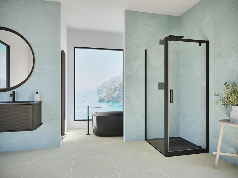 Eckduschkabine Renu 70x70 H195 Erw 70/76 - 67/70 Drehschwenktür und fester Teil aus transpem Kristallglas 8 mm Schwarz matt | IperCeramica Eckduschkabine Renu 70x70 H195 Erw 70/76 - 67/70 Drehschwenktür und fester Teil aus transpem Kristallglas 8 mm Schwarz matt | IperCeramica