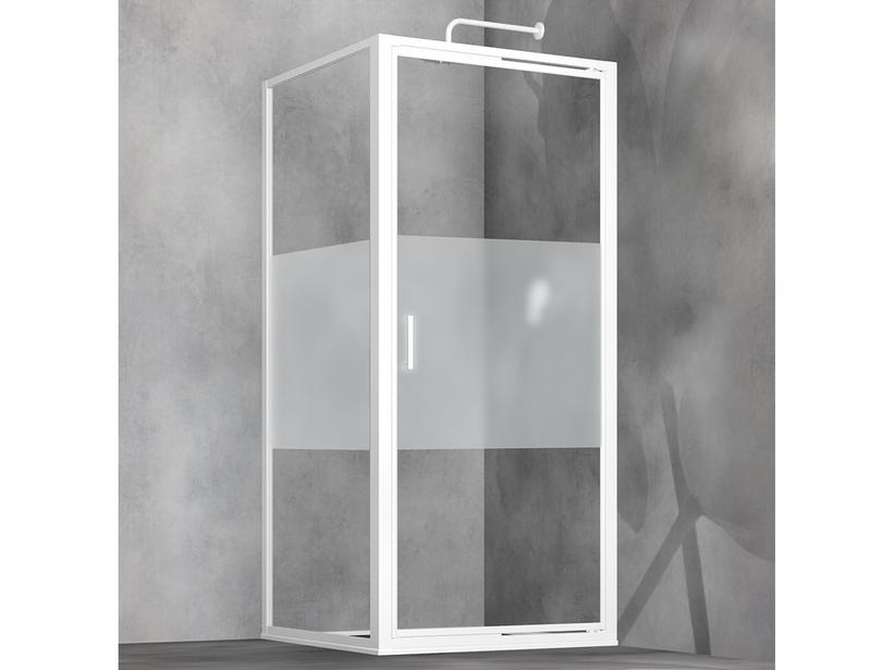 Eckduschkabine Start 80x80 H190 Drehtür und festes Teil Kristallglas 6 mm, satin. Streifen und Profil glänzend Weiß | IperCeramica Eckduschkabine Start 80x80 H190 Drehtür und festes Teil Kristallglas 6 mm, satin. Streifen und Profil glänzend Weiß | IperCeramica