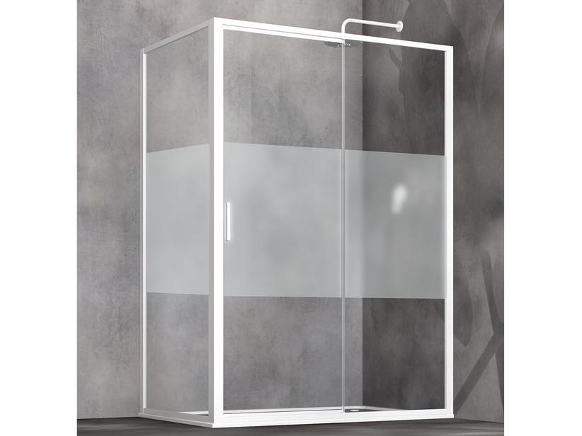 Eckduschkabine Start 120x80 H190 Schiebetür und festes Teil Glasstärke 6 mm, satin. Streifen und Profil glänz. Weiß | IperCeramica Eckduschkabine Start 120x80 H190 Schiebetür und festes Teil Glasstärke 6 mm, satin. Streifen und Profil glänz. Weiß | IperCeramica