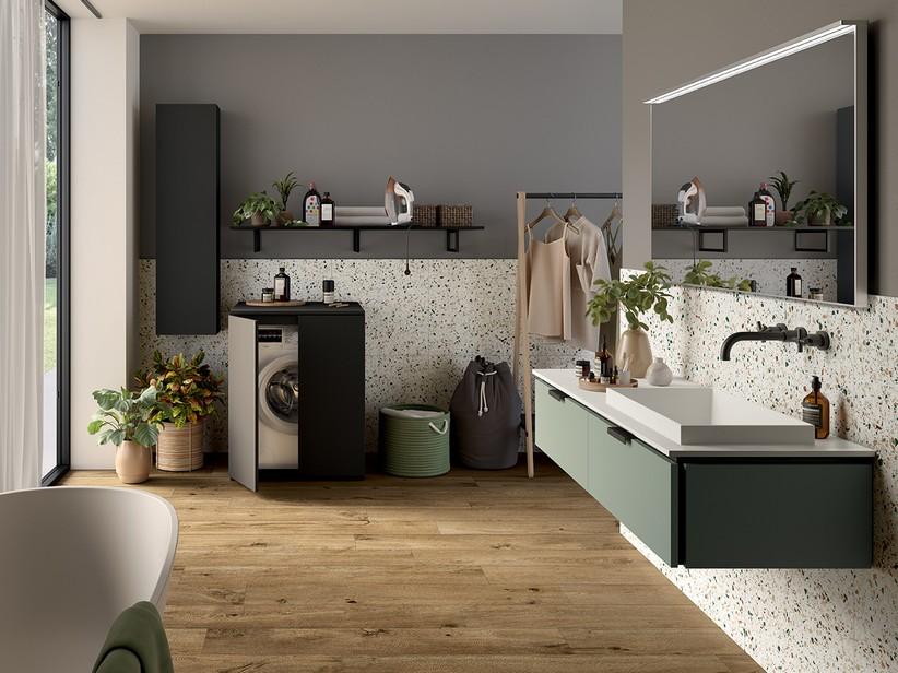 TOUCH 140 cm Badezimmerschrank 2 Schubladen Salbeigrün matt und Halbeinbaubecken rechts STAR Mattweiß | IperCeramica TOUCH 140 cm Badezimmerschrank 2 Schubladen Salbeigrün matt und Halbeinbaubecken rechts STAR Mattweiß | IperCeramica