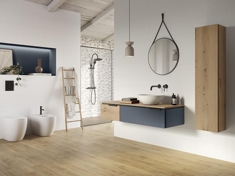 Badezimmermöbel TOUCH 140 cm 1 Schublade links und Oberteil Eiche mit Astlöchern und 1 Schublade mattblau | IperCeramica Badezimmermöbel TOUCH 140 cm 1 Schublade links und Oberteil Eiche mit Astlöchern und 1 Schublade mattblau | IperCeramica