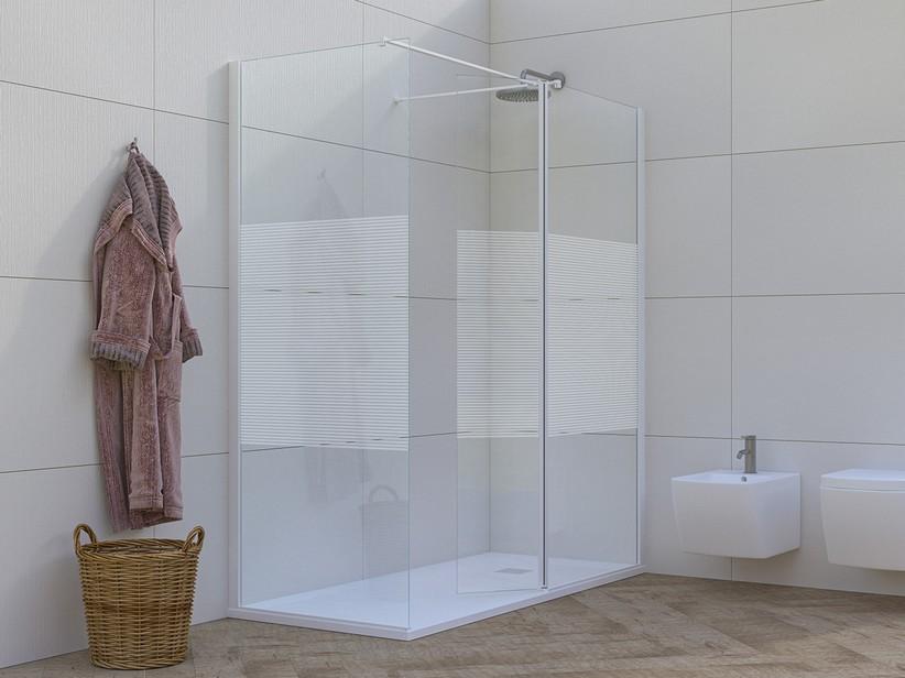 Walk-In Dusche Mirò 2-seitig 130x70 cm H200 Klarglas 6 mm Rechts Tür horizontalen Streifen Mattweißen Dichtungsprofilen | IperCeramica Walk-In Dusche Mirò 2-seitig 130x70 cm H200 Klarglas 6 mm Rechts Tür horizontalen Streifen Mattweißen Dichtungsprofilen | IperCeramica