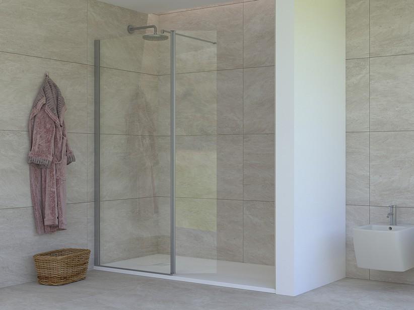 Walk-In Dusche Mirò 6 mm Klarglas mit Tür Links 100 cm H200 Erw 98,5/100 mit Chrom-Dichtungsprofilen | IperCeramica Walk-In Dusche Mirò 6 mm Klarglas mit Tür Links 100 cm H200 Erw 98,5/100 mit Chrom-Dichtungsprofilen | IperCeramica