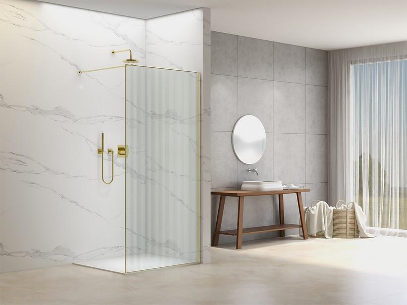 Walk-In-Dusche Namaste' 100 cm H200 Erw 98/100 Kristallglas 8 mm mit gewellter Optik und Profil Gold gebürstet | IperCeramica Walk-In-Dusche Namaste' 100 cm H200 Erw 98/100 Kristallglas 8 mm mit gewellter Optik und Profil Gold gebürstet | IperCeramica