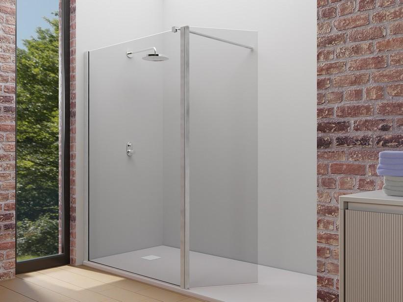 Walk-In Plano 129 cm H200 Erw 127/129 Kristallglas 6mm Transp + beweglicher Spritzschutz Profilen in gebürsteter Edelstahloptik | IperCeramica Walk-In Plano 129 cm H200 Erw 127/129 Kristallglas 6mm Transp + beweglicher Spritzschutz Profilen in gebürsteter Edelstahloptik | IperCeramica