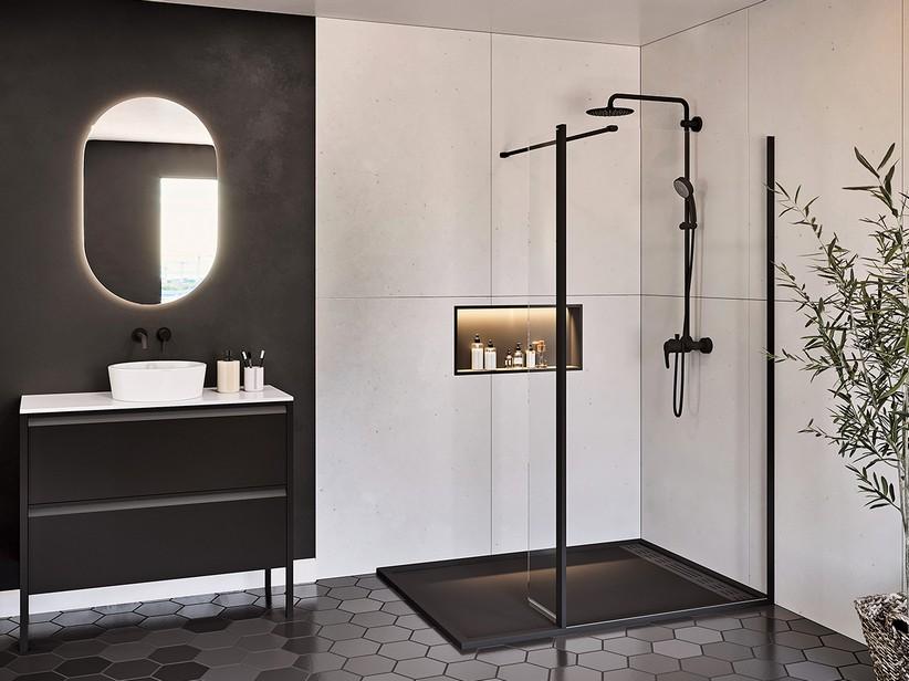 Walk-in-Dusche Renu 110 cm H 200 Erw 108,5/110 mit Spritzschutztür 30 Transparentes Kristallglas 8 mm Schwarz Matt | IperCeramica Walk-in-Dusche Renu 110 cm H 200 Erw 108,5/110 mit Spritzschutztür 30 Transparentes Kristallglas 8 mm Schwarz Matt | IperCeramica