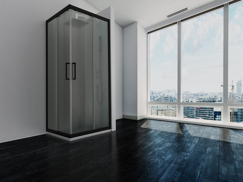 Eckduschkabine Zen 90x90 H190,4 Red 90/85 Schiebetüren Ornamentglas 6 mm (semitransparent) Schwarz matt | IperCeramica Eckduschkabine Zen 90x90 H190,4 Red 90/85 Schiebetüren Ornamentglas 6 mm (semitransparent) Schwarz matt | IperCeramica