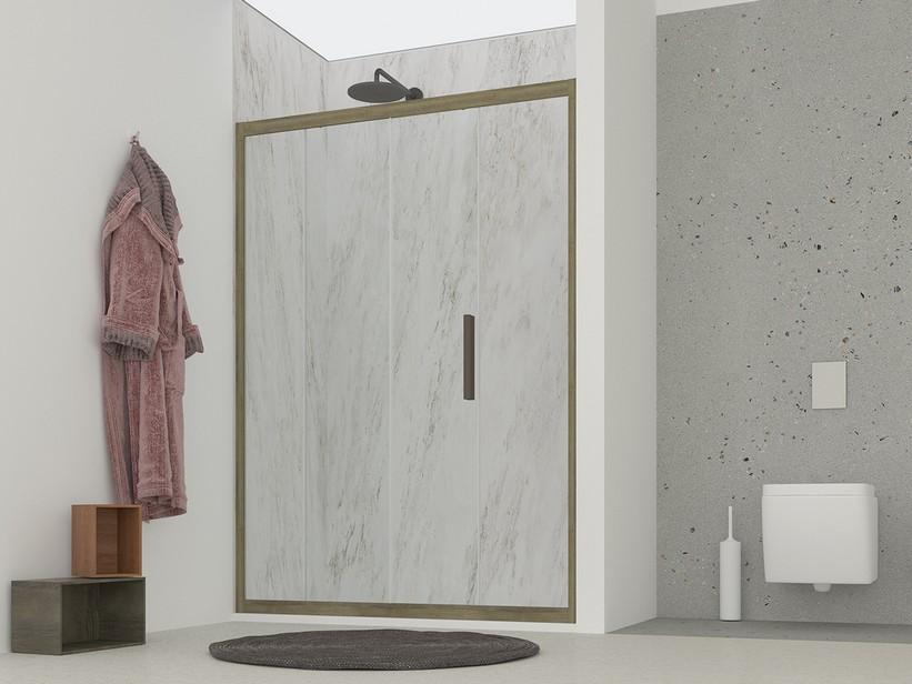 Porte de douche coulissante OM 1 battant 100 cm H200 Réd 90/100 cm transparent/chêne Cognac | IperCeramica Porte de douche coulissante OM 1 battant 100 cm H200 Réd 90/100 cm transparent/chêne Cognac | IperCeramica