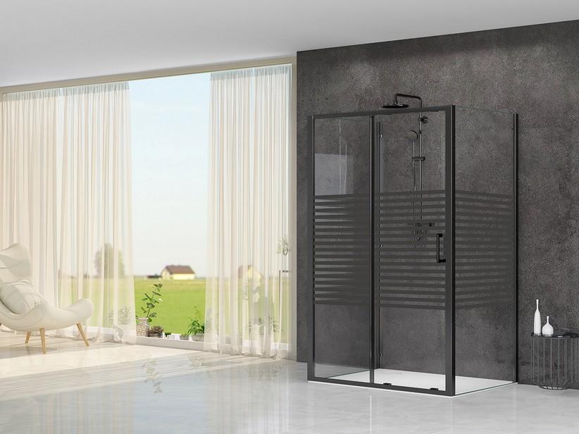 Cabine de douche Arek 70x100x70 H190 Ext 68/69,5-99,3/102,3 porte coul. 2 parois fixes verre 6mm transp sérigraphie noir | IperCeramica Cabine de douche Arek 70x100x70 H190 Ext 68/69,5-99,3/102,3 porte coul. 2 parois fixes verre 6mm transp sérigraphie noir | IperCeramica