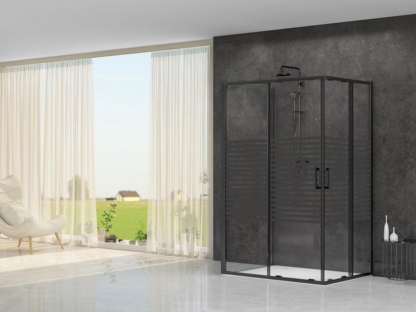 Cabine de douche Arek 70x80x70 H190 Ext 68/69,5-79,2/80,7 portes coul. paroi fixe verre 6 mm transp sérigraphie noir | IperCeramica Cabine de douche Arek 70x80x70 H190 Ext 68/69,5-79,2/80,7 portes coul. paroi fixe verre 6 mm transp sérigraphie noir | IperCeramica