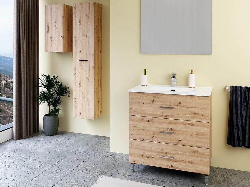 Meuble salle de bains TRIO L80 cm sur pied avec 3 tiroirs et lavabo Unitop en céramique finition chêne à nœuds | IperCeramica Meuble salle de bains TRIO L80 cm sur pied avec 3 tiroirs et lavabo Unitop en céramique finition chêne à nœuds | IperCeramica