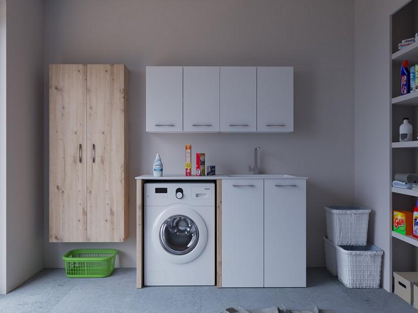 Meuble buanderie BONK 140 cm 2 portes avec lavabo en solid surface droite - Blanc brillant/Chêne à nœuds | IperCeramica Meuble buanderie BONK 140 cm 2 portes avec lavabo en solid surface droite - Blanc brillant/Chêne à nœuds | IperCeramica