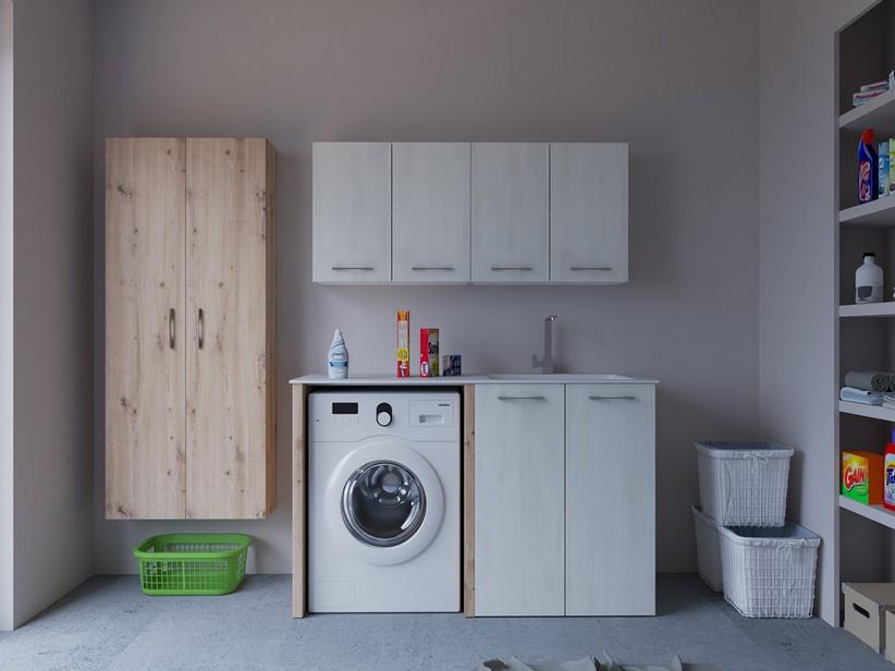Meuble buanderie BONK 140 cm 2 portes avec lavabo en solid surface droite - Blanc matrix/Chêne à nœuds | IperCeramica Meuble buanderie BONK 140 cm 2 portes avec lavabo en solid surface droite - Blanc matrix/Chêne à nœuds | IperCeramica